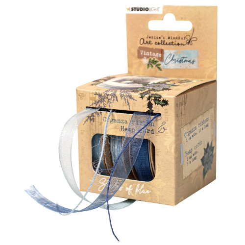 Винтидж Коледни Панделки от Органза и Конопен Шнур, Синя, 4 Броя Винтидж Коледни Панделки от Органза и Конопен Шнур, Синя, 4 Броя